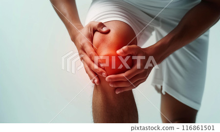 Concept image showing a man knee pain or leg pain. on a white background 116861501
