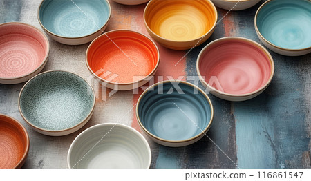 Colorful Ceramic Bowls on Textured Surface 116861547