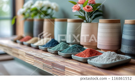Ceramic Jars and Pigments in Muted Colors 116861552