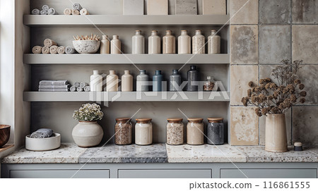 Organized Shelves with Ceramic Jars and Towels 116861555