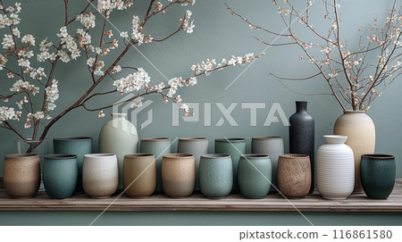Elegant Ceramic Vases with Blooming Branches Elegant Ceramic Vases with Blooming Branches 116861580