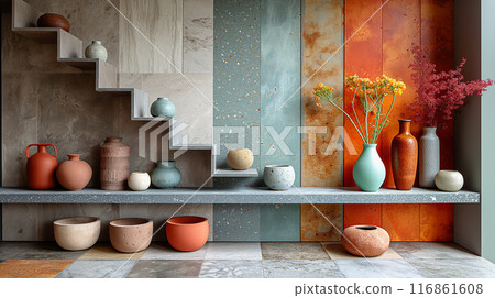 Decorative Ceramic Vases on Geometric Shelves 116861608