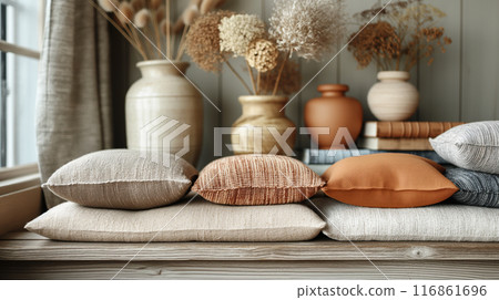 Cozy Window Seat with Cushions and Dried Flowers Cozy Window Seat with Cushions and Dried Flowers 116861696