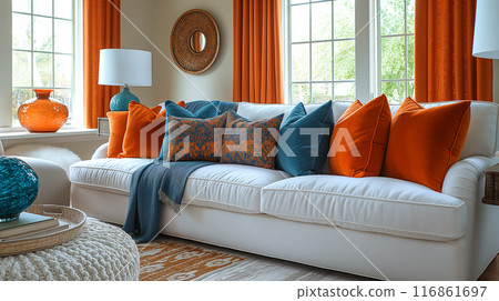 Vibrant Living Room with Orange and Blue Accents 116861697