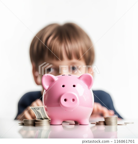 Little boy putting coin into piggy bank on white table with blurred background 116861701