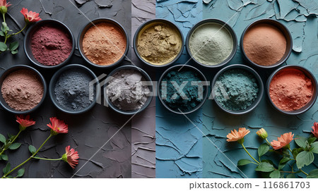 Colorful Pigment Powders in Bowls with Flowers 116861703