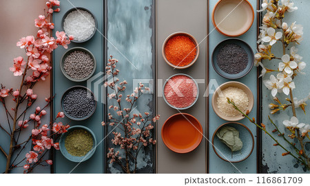 Assorted Grains and Spices with Blossoms Assorted Grains and Spices with Blossoms 116861709