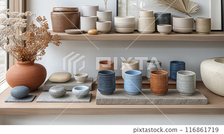 Minimalist Ceramic Pottery Display on Wooden Shelf Minimalist Ceramic Pottery Display on Wooden Shelf 116861719