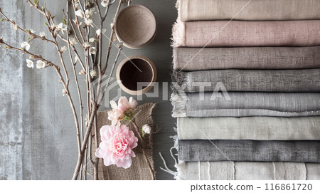 Natural Fabric and Floral Arrangement Display Natural Fabric and Floral Arrangement Display 116861720