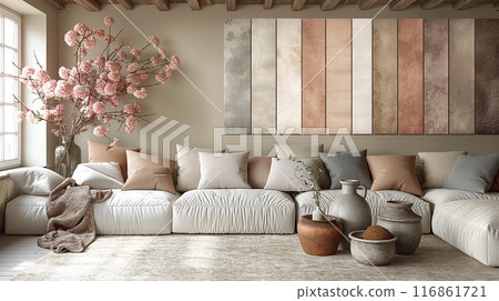 Cozy Living Room with Pastel Tones and Floral Decor Cozy Living Room with Pastel Tones and Floral Decor 116861721