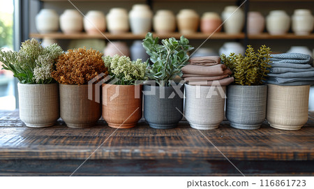 Assorted Planters with Flowers and Fabrics on Wooden Table 116861723