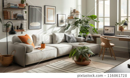 Cozy Modern Home Office with Comfortable Sofa and Natural Light Cozy Modern Home Office with Comfortable Sofa and Natural Light 116861728