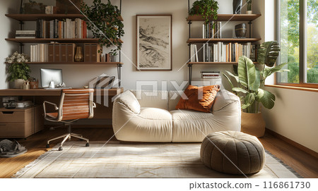 Cozy Home Office with Sofa and Bookshelves 116861730