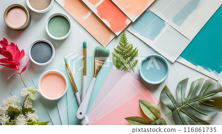 Artistic Palette with Pastel Paints and Tropical Leaves Artistic Palette with Pastel Paints and Tropical Leaves 116861735