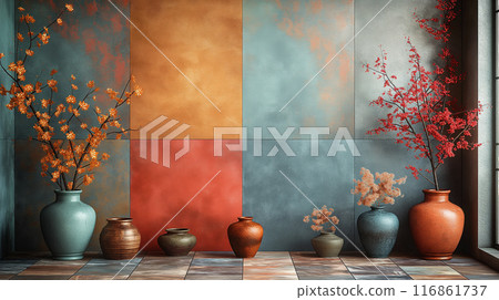 Vibrant Vase Arrangement with Colorful Wall Tiles 116861737