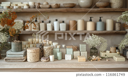 Natural Handmade Soap Display in Rustic Setting 116861749