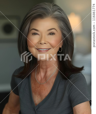 Smiling portrait of senior Asian woman with gray hair, wearing casual top and jewelry, in home setting. 116861774