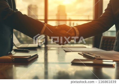 Silhouetted businesspeople shaking hands against sunset city backdrop. Silhouetted businesspeople shaking hands against sunset city backdrop. 116861839