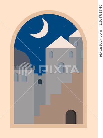 Abstract architecture. Minimalist design of buildings with arches, windows and stairs. Template for posters, prints, interior design and creative ideas Abstract architecture. Minimalist design of buildings with arches, windows and stairs. Template for posters, prints, interior design and creative ideas 116861840