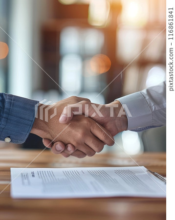 Friendly handshake in casual business setting, blurred office interior, daytime. 116861841