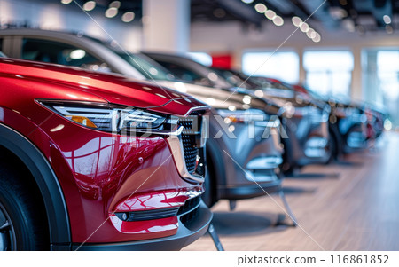 Close-up of red SUV headlight with blurred lineup of vehicles in background. 116861852