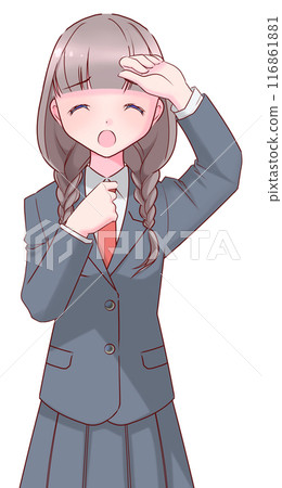 一個身穿制服、把手放在額頭上的陷入困境的高中女孩 一個身穿制服、把手放在額頭上的陷入困境的高中女孩 116861881