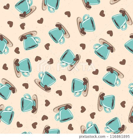 Seamless pattern with coffee or tea cups and hearts 116861895
