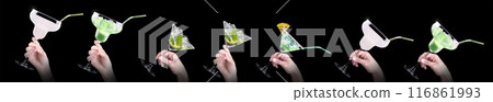 Hands are raising glasses for toasting in celebration with sparkling drinks 116861993