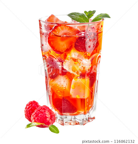 Savor a refreshing iced raspberry beverage with fruit and mint under the warm summer sun 116862132