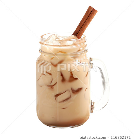 Refreshing summer drink horchata almond milk, iced coffee with milk and ice cubes isolated on white transparent 116862171
