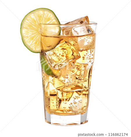 Ginger ale with ice cubes and lime at the rim isolated on white transparent background. 116862174