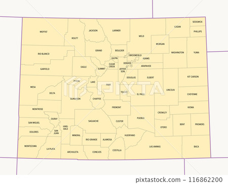 Colorado counties, political map with borders and county names. State in the Mountain West subregion of the United States, subdivided into 64 counties. Nicknamed The Centennial State. Illustration 116862200