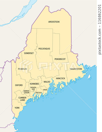 Maine counties, political map with borders and county names. State in the New England region of the United States, subdivided into 16 counties. Nicknamed The Pine Tree State, or also Vacationland. 116862201