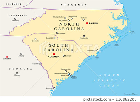 The Carolinas or Carolina, the U.S. states North Carolina and South Carolina, political map, with borders and capitals Raleigh and Columbia. Bordered by Virginia, Tennessee, Georgia, and the Atlantic. 116862203