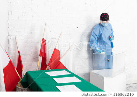 Disinfection of the room and the ballot box just before the election of the President of Poland. Disinfection of the room and the ballot box just before the election of the President of Poland. 116862210