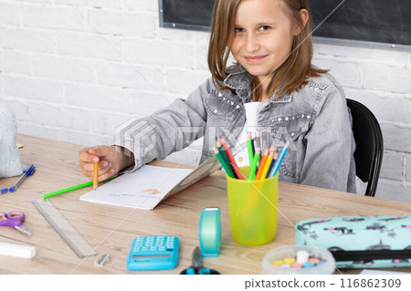 A happy schoolgirl sits at a school bench at the next lesson. Is smiling. 116862309