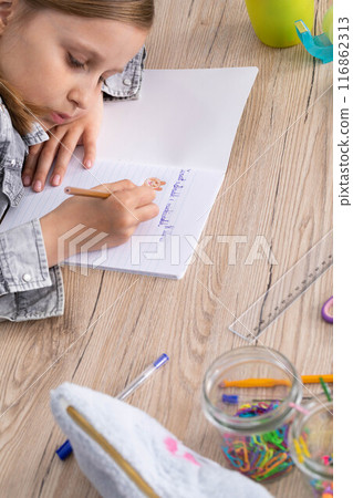 The student draws with crayons in the teddy bear school notebook as the subject of today's lesson. 116862313