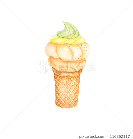 Sea buckthorn ice cream Realistic summer ice cream cone isolated on white background Mousse of buckthorn berries, botanical watercolor illustration Sea buckthorn ice cream Realistic summer ice cream cone isolated on white background Mousse of buckthorn berries, botanical watercolor illustration 116862317