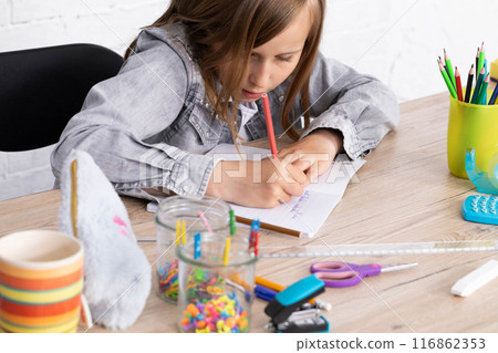 The student draws with crayons in the teddy bear school notebook as the subject of today's lesson. The student draws with crayons in the teddy bear school notebook as the subject of today's lesson. 116862353