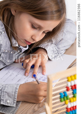 The girl solves the task given in the classroom. The schoolgirl diligently writes in a notebook. The girl solves the task given in the classroom. The schoolgirl diligently writes in a notebook. 116862366