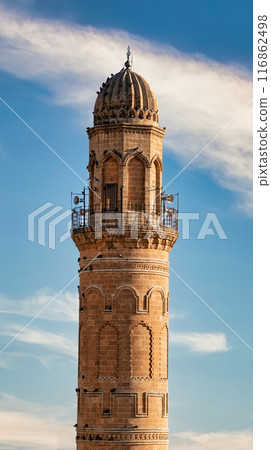 Minaret of Ulu Cami, also known as Great mosque of Mardin in Turkey. Mardin Grand Mosque, being the symbol of Mardin with its sliced dome and minaret, were built with two minarets 116862498