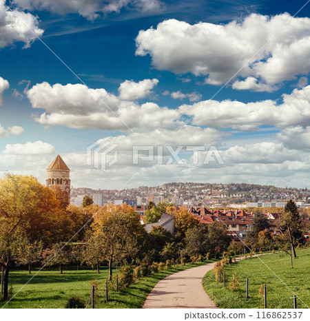 Germany, Stuttgart panorama view. Beautiful houses in autumn, Sky and nature landscape. Vineyards in Stuttgart - colorful wine growing region in the south of Germany with view over Neckar Valley Germany, Stuttgart panorama view. Beautiful houses in autumn, Sky and nature landscape. Vineyards in Stuttgart - colorful wine growing region in the south of Germany with view over Neckar Valley 116862537
