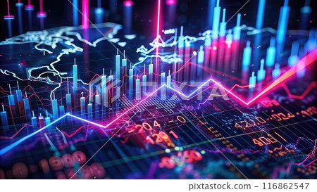 Illuminated Business Chart Featuring Arrows and Detailed World Map 116862547