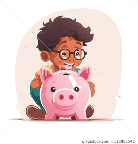 Cute happy boy with glasses sits by piggy bank illustration Cute happy boy with glasses sits by piggy bank illustration 116862548