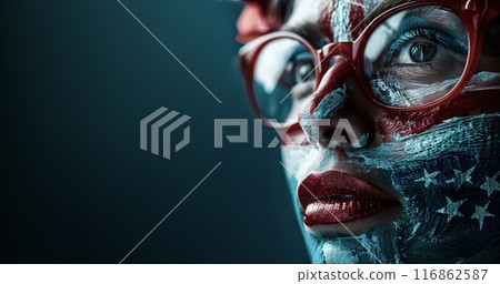 A woman with American flag face paint looking up 116862587