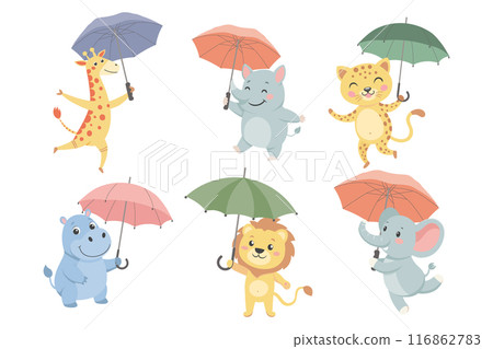 Cute African animals with umbrellas kids set. Jungle Wild animals kids collection. Autumn cards, stickers. Cute African animals with umbrellas kids set. Jungle Wild animals kids collection. Autumn cards, stickers. 116862783
