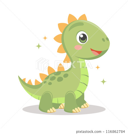 Cute baby dinosaur on white background. Design for greeting cards, invitations, printing on clothes. Flat style illustration 116862784