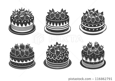 Set of hand drawn strawberry cakes, engraving, baking silhouettes. Black and white illustration, icons Set of hand drawn strawberry cakes, engraving, baking silhouettes. Black and white illustration, icons 116862791