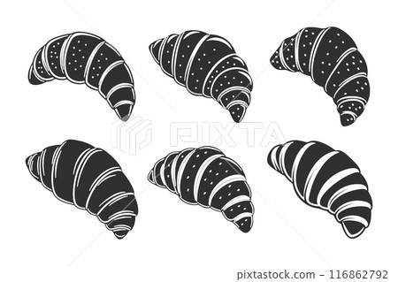 Set of hand drawn french croissants, engraving, pastry silhouettes. Black and white illustration, icons 116862792