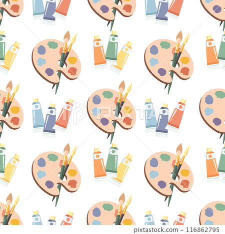 Seamless pattern, palette with paints, brushes and tubes with acrylic. Background with art supplies, accessories for creativity. Print 116862795